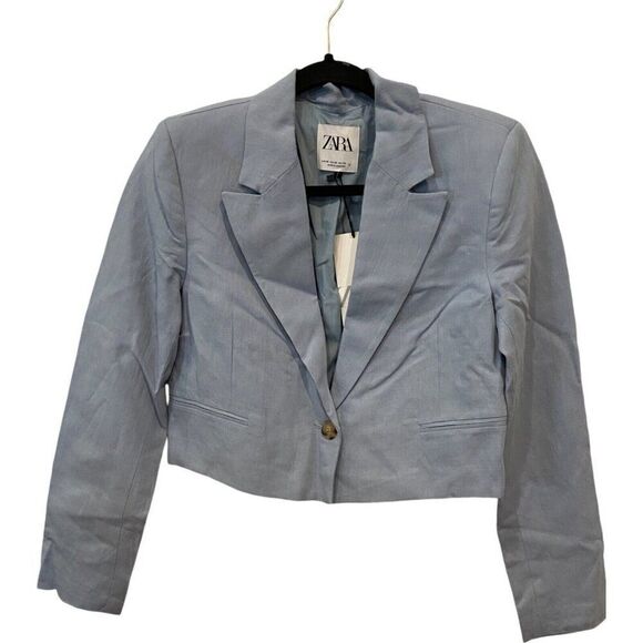 Zara Womens Blazer Suit Jacket XS light Blue Cropped Lined 5427/825 NWT - Picture 2 of 12
